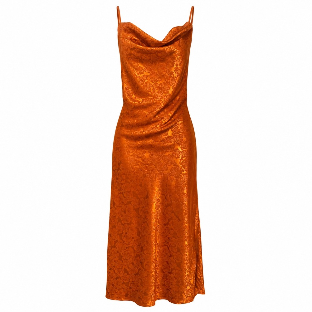 Lulus Orange Rose Jacquard Satin Slip Dress XL Cowl Neck Coquette Fairycore Midi - Picture 1 of 10